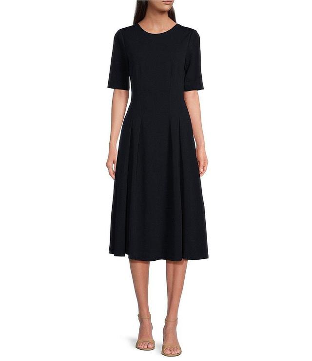 Maggy London Short Sleeve Crew Neck Double Pleat Stretch Crepe Midi A-Line Midi Dress Product Image