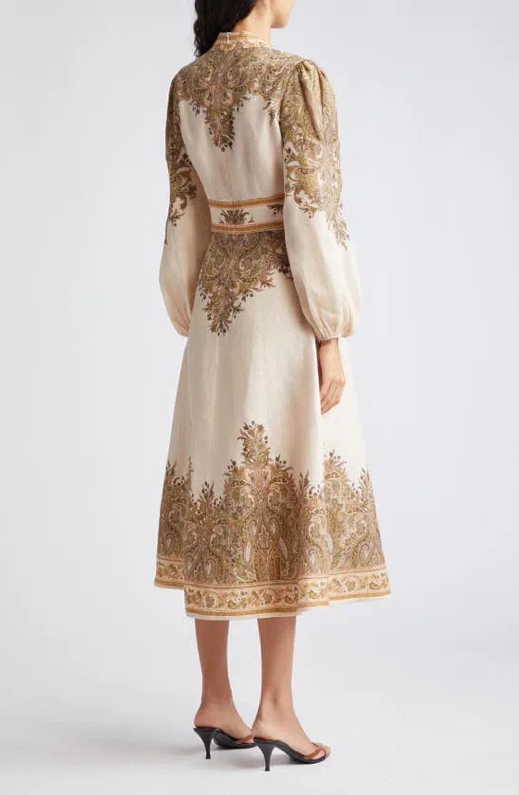 Natura Floral Paisley Long Sleeve Linen Midi Dress In Khaki Paisley Product Image