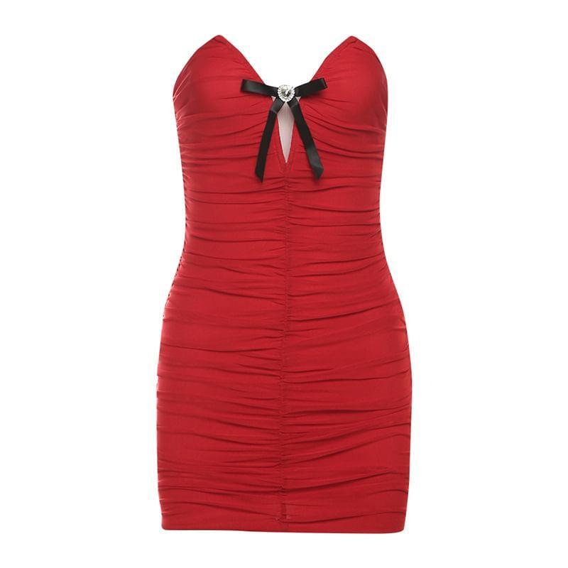 Sleeveless V-Neck Bow Accent Plain Mini Bodycon Dress Product Image