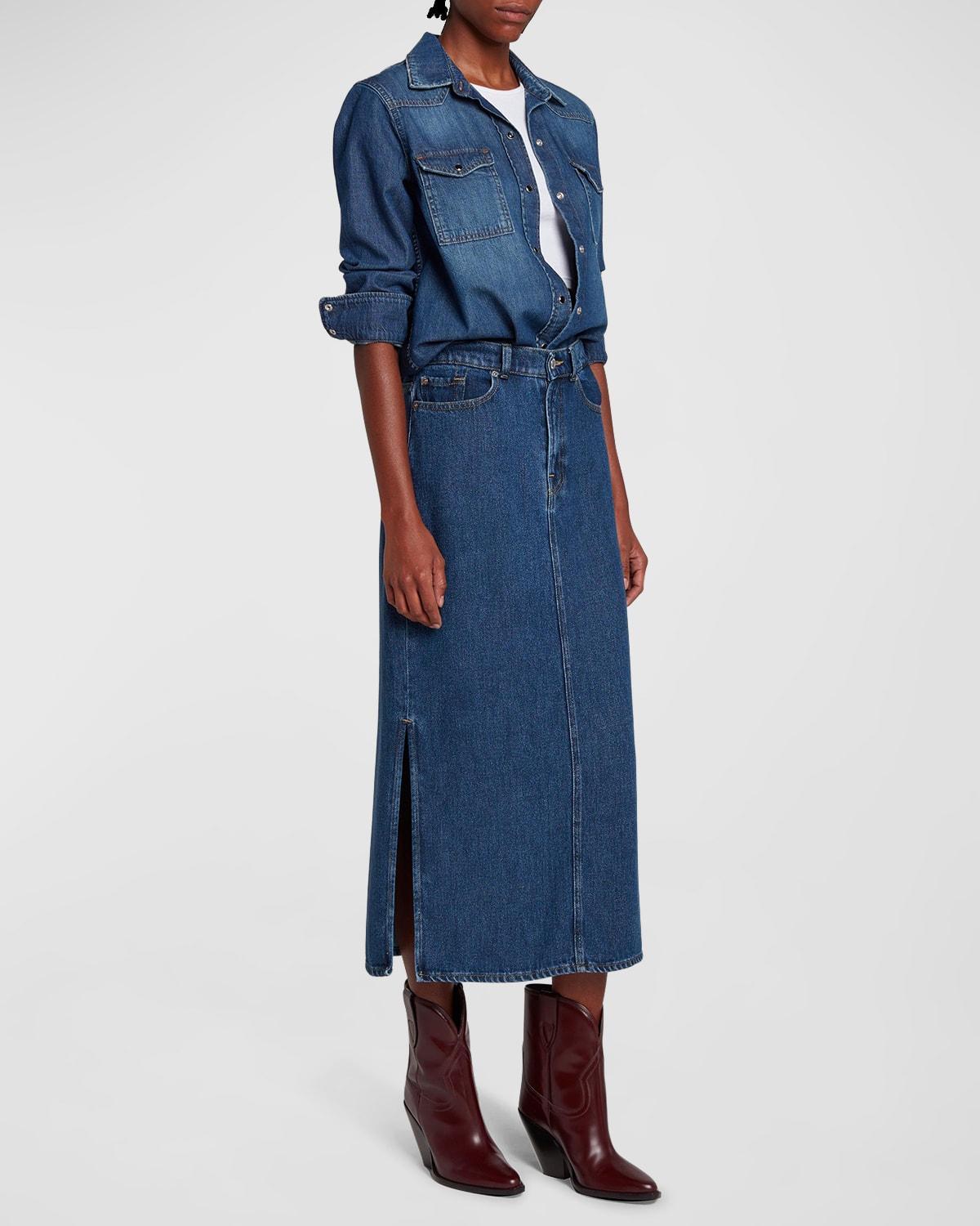 7 for all mankind Denim High Waisted Side Slit Midi Skirt Product Image