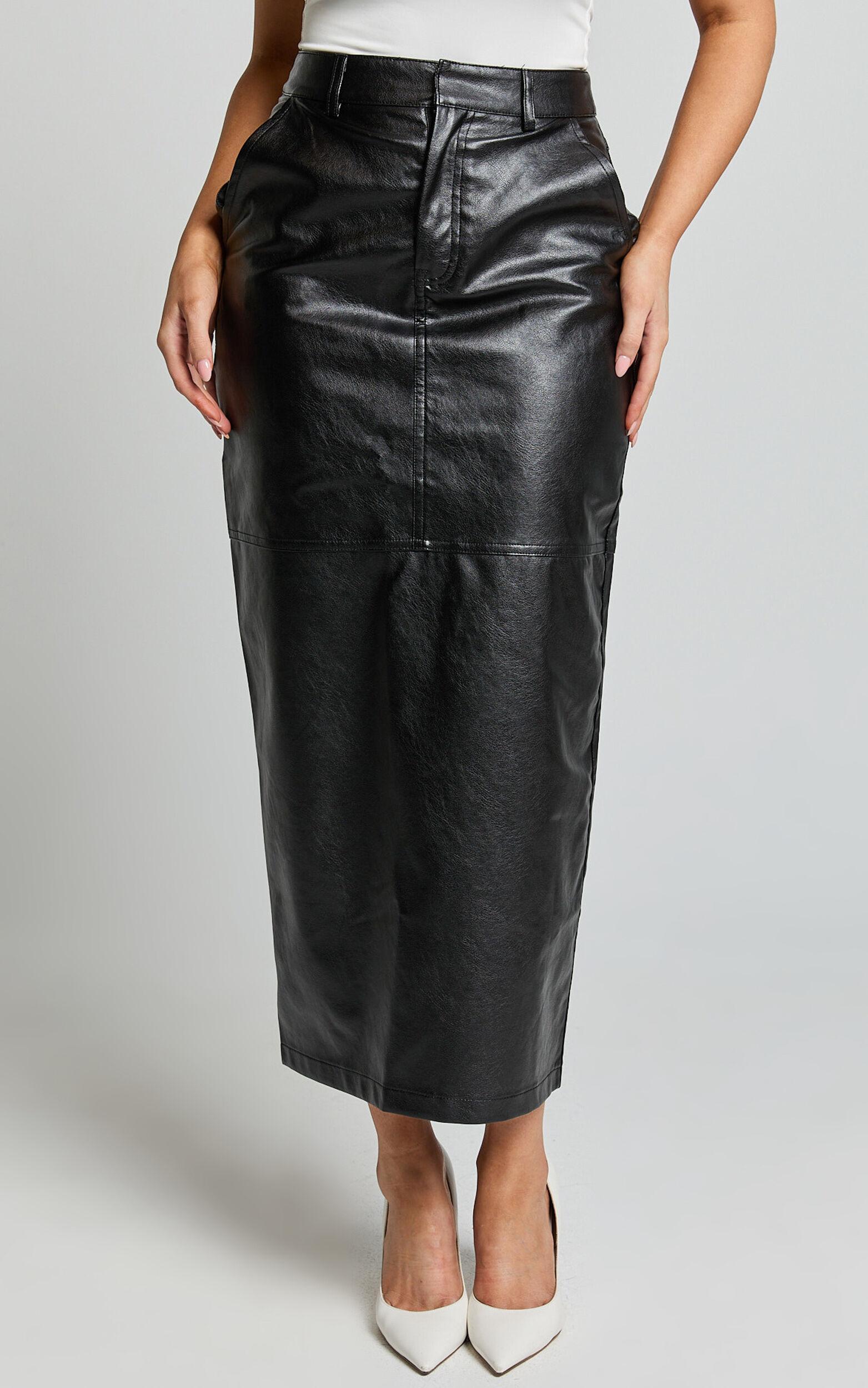 Victoria Midi Skirt - Mid Waisted Back Split Faux Leather Skirt in Black Product Image