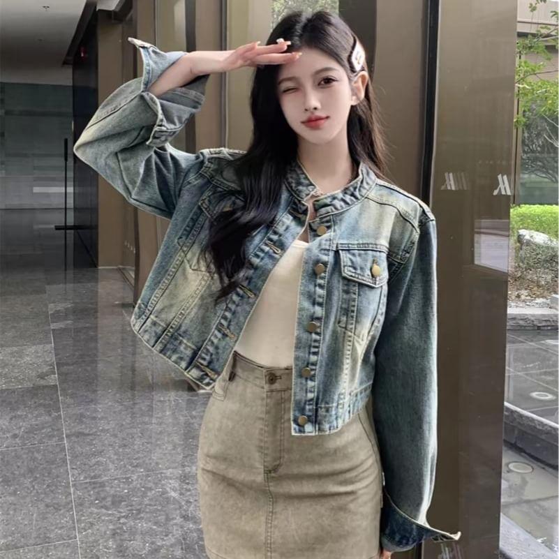 Band Collar Washed Panel Button Denim Jacket Product Image