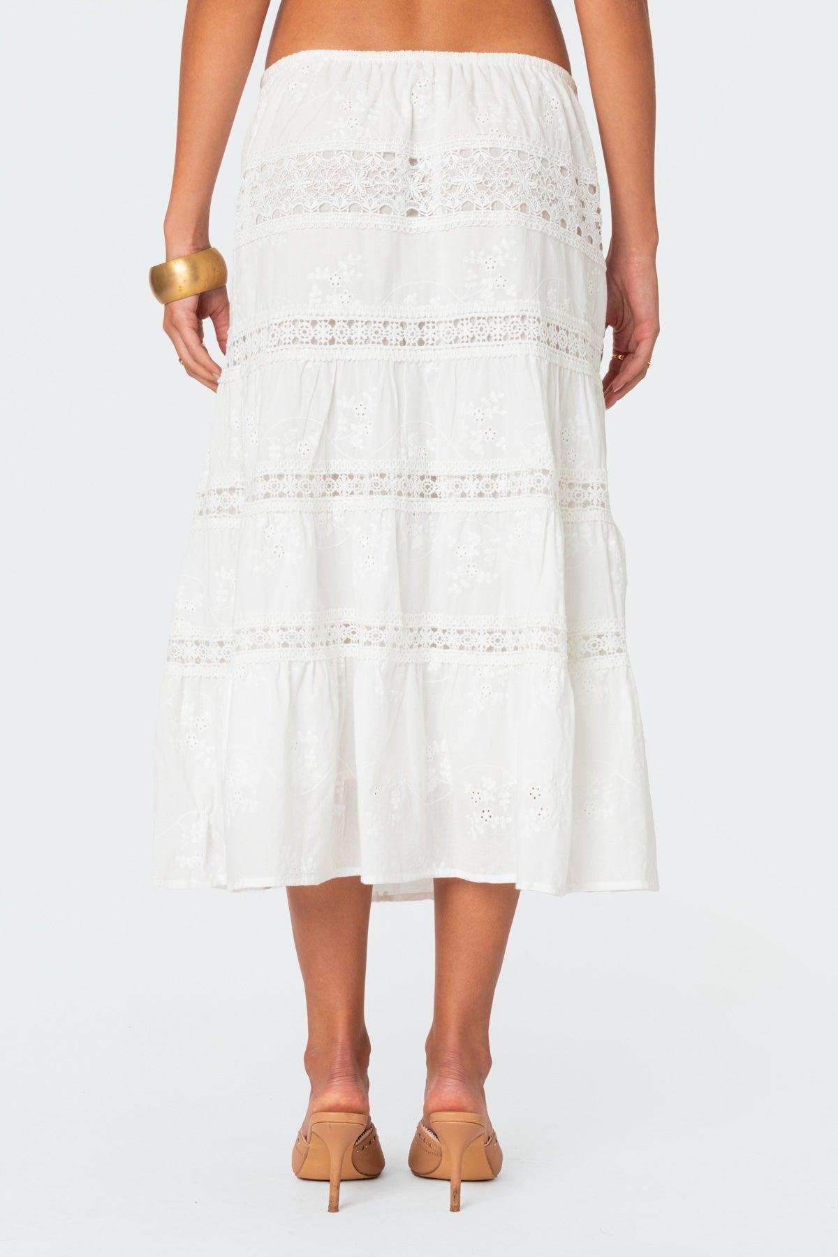 Tiered Cotton Lace Midi Skirt Product Image