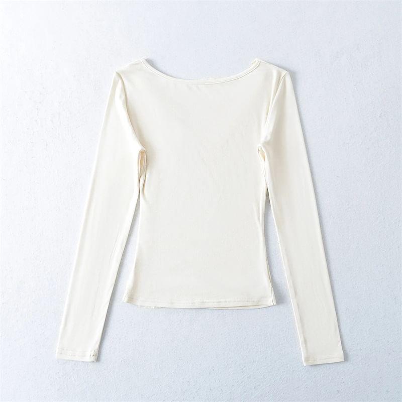 Long Sleeve Cowl Neck Plain Ruched Panel Lace Top Product Image