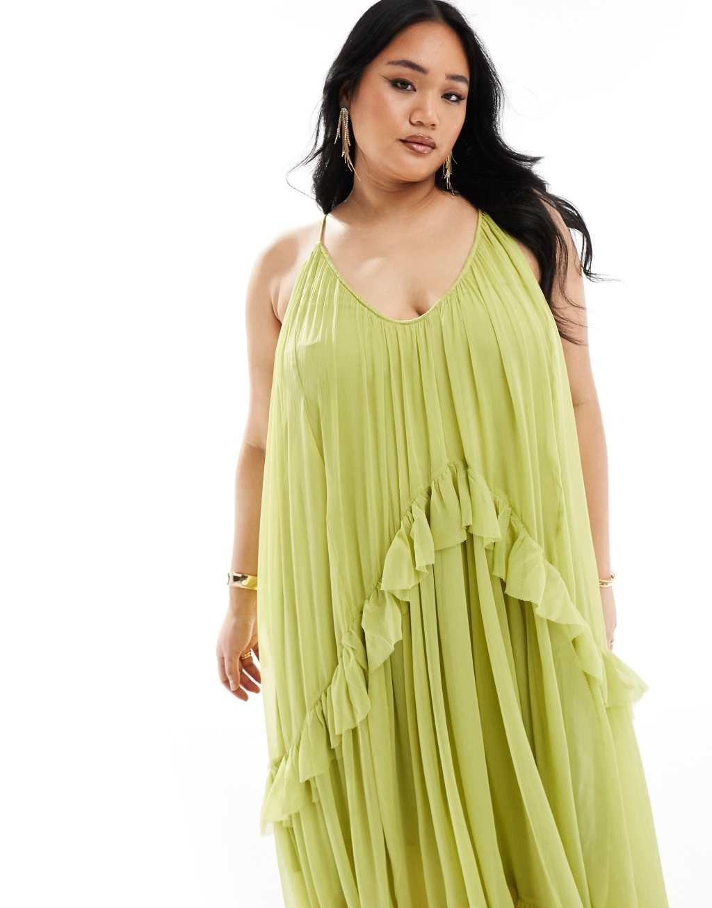 ASOS DESIGN Curve scoop neck trapeze maxi dress with frill in olive green Product Image