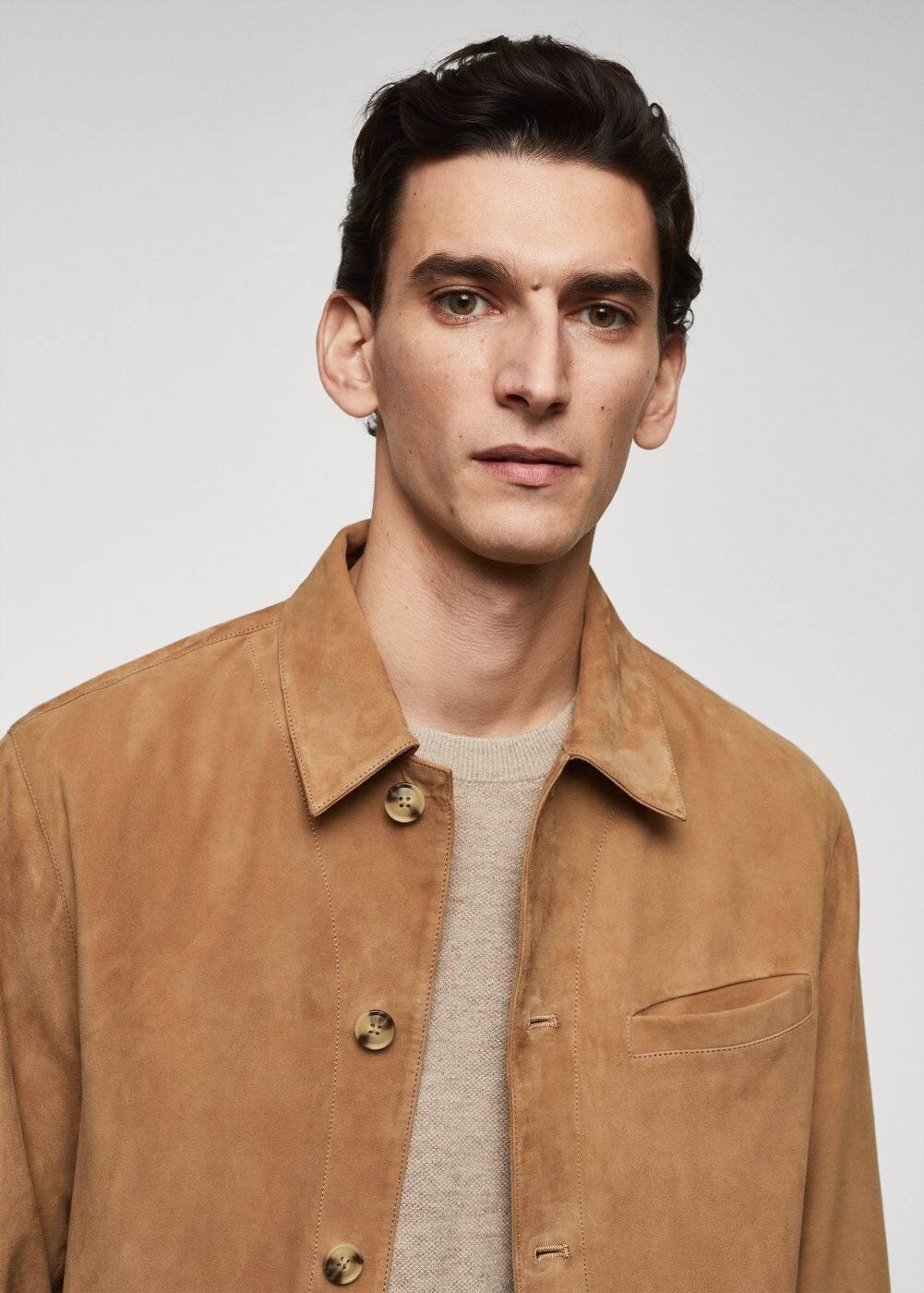 MANGO MAN - Suede leather overshirt with pocket medium brownMen Product Image