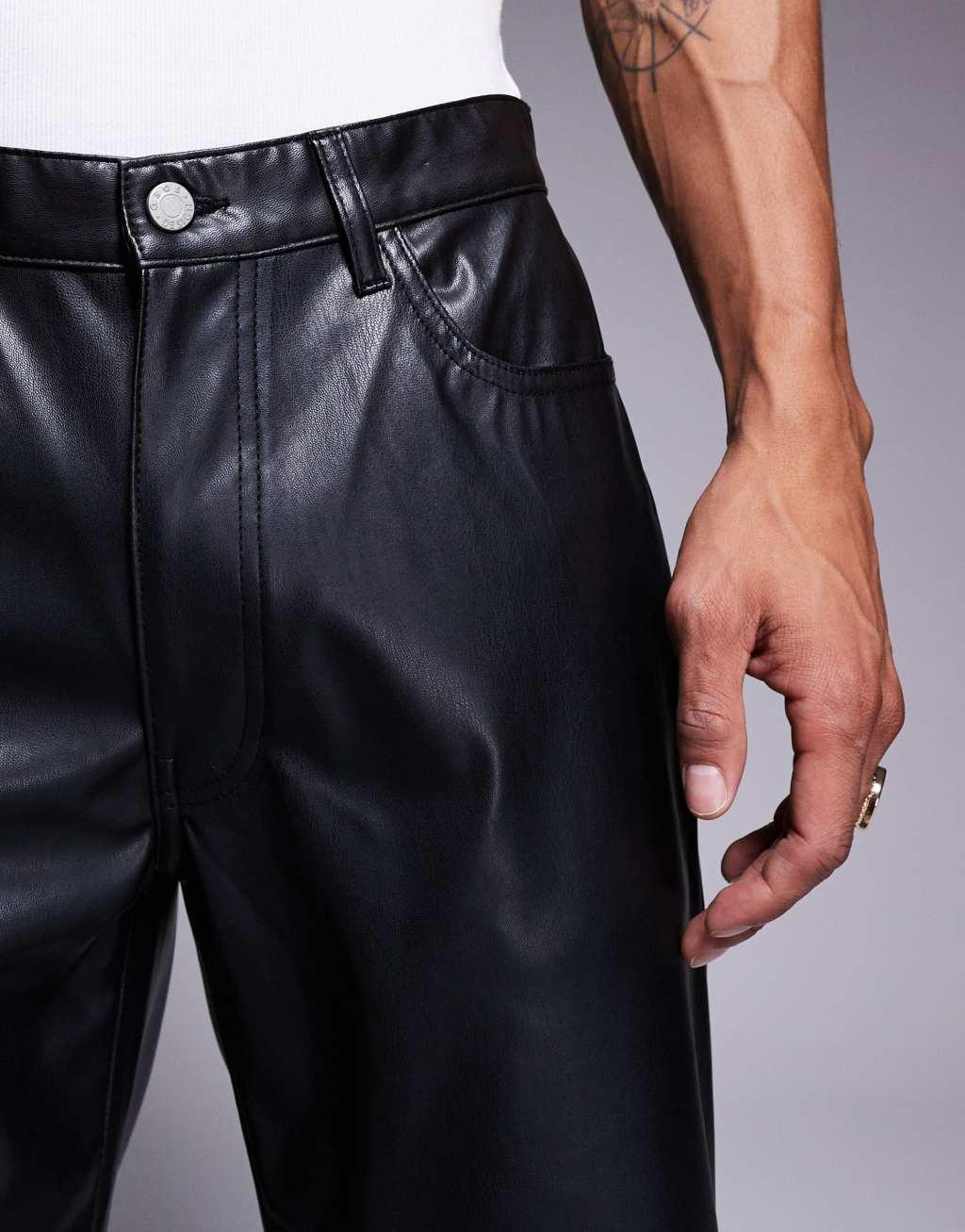 ASOS DESIGN straight leg faux leather pants in black Product Image