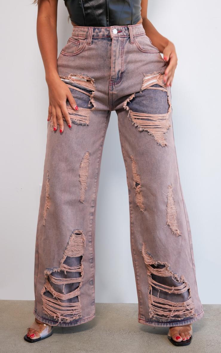 Shape Pink Denim Washed Ripped Wide Leg Jeans Product Image