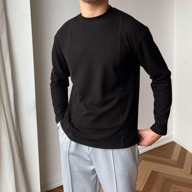 Long Sleeve Mock Neck Waffle Panel  T-Shirt Product Image