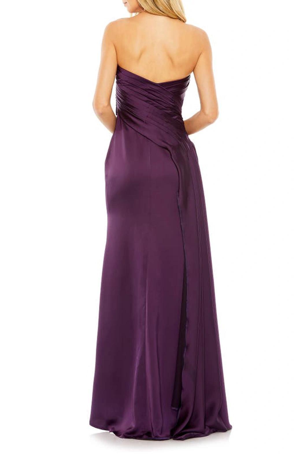 Bow Front Strapless Satin Gown In Aubergine Product Image