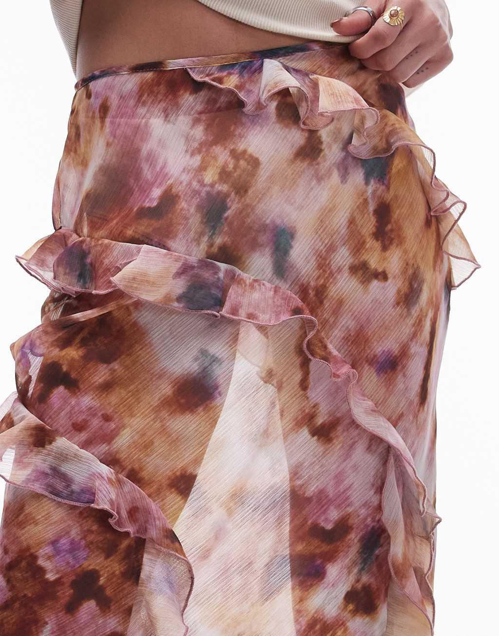 Topshop Ruffle Sheer Maxi Skirt in splodge tie dye Product Image