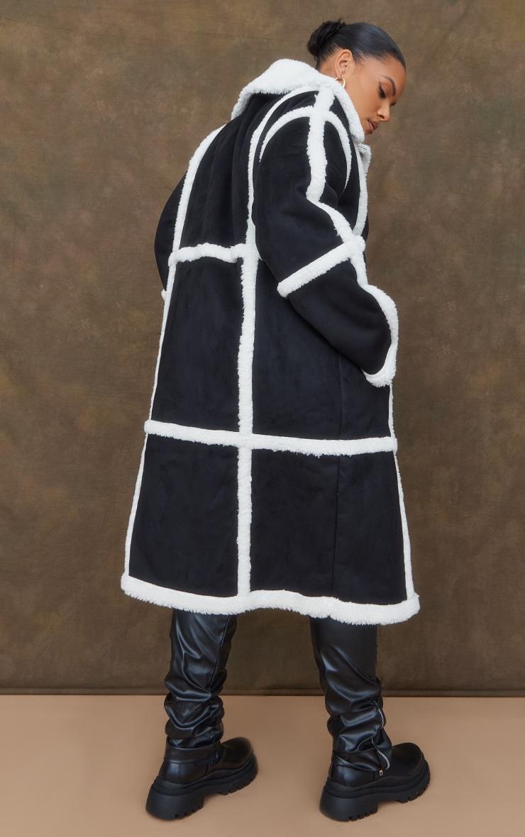 Plus Black Faux Suede Square Borg Panelled Coat Product Image