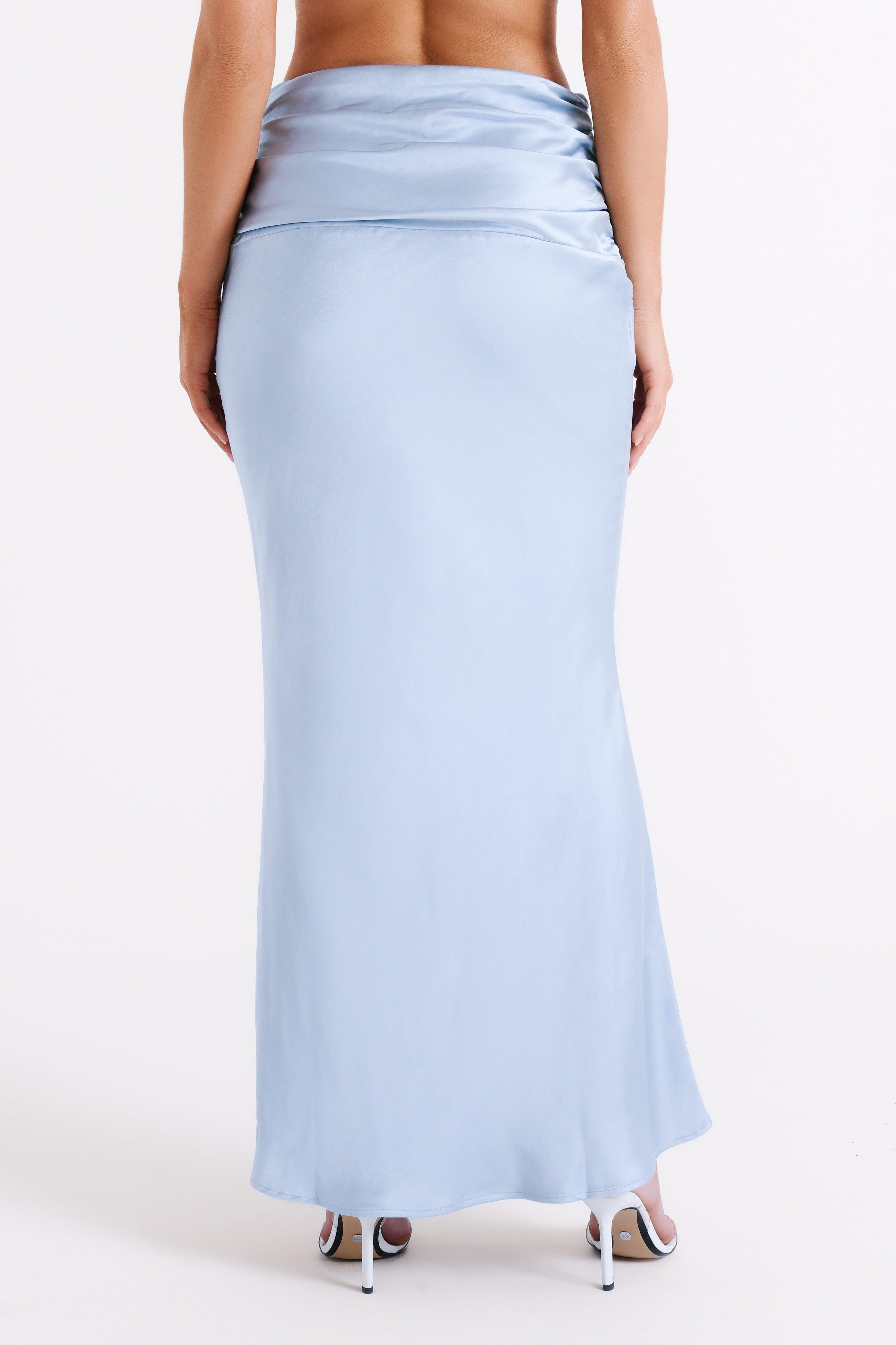 Khalani Ruched Satin Maxi Skirt - Ice Blue Product Image