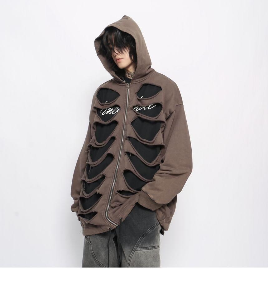 Lettering Distressed Zip Hoodie Product Image