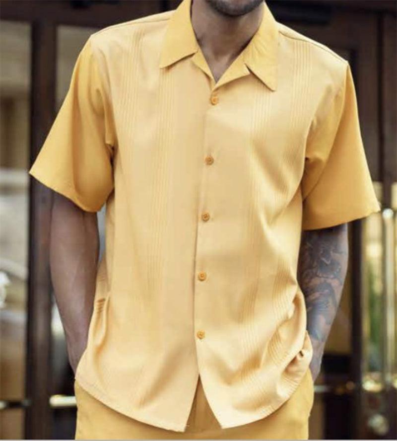 (L, 2XL, 3XL) Gold Tone on Tone Vertical Stripes Walking Suit 2 Piece Short Sleeve Set Product Image