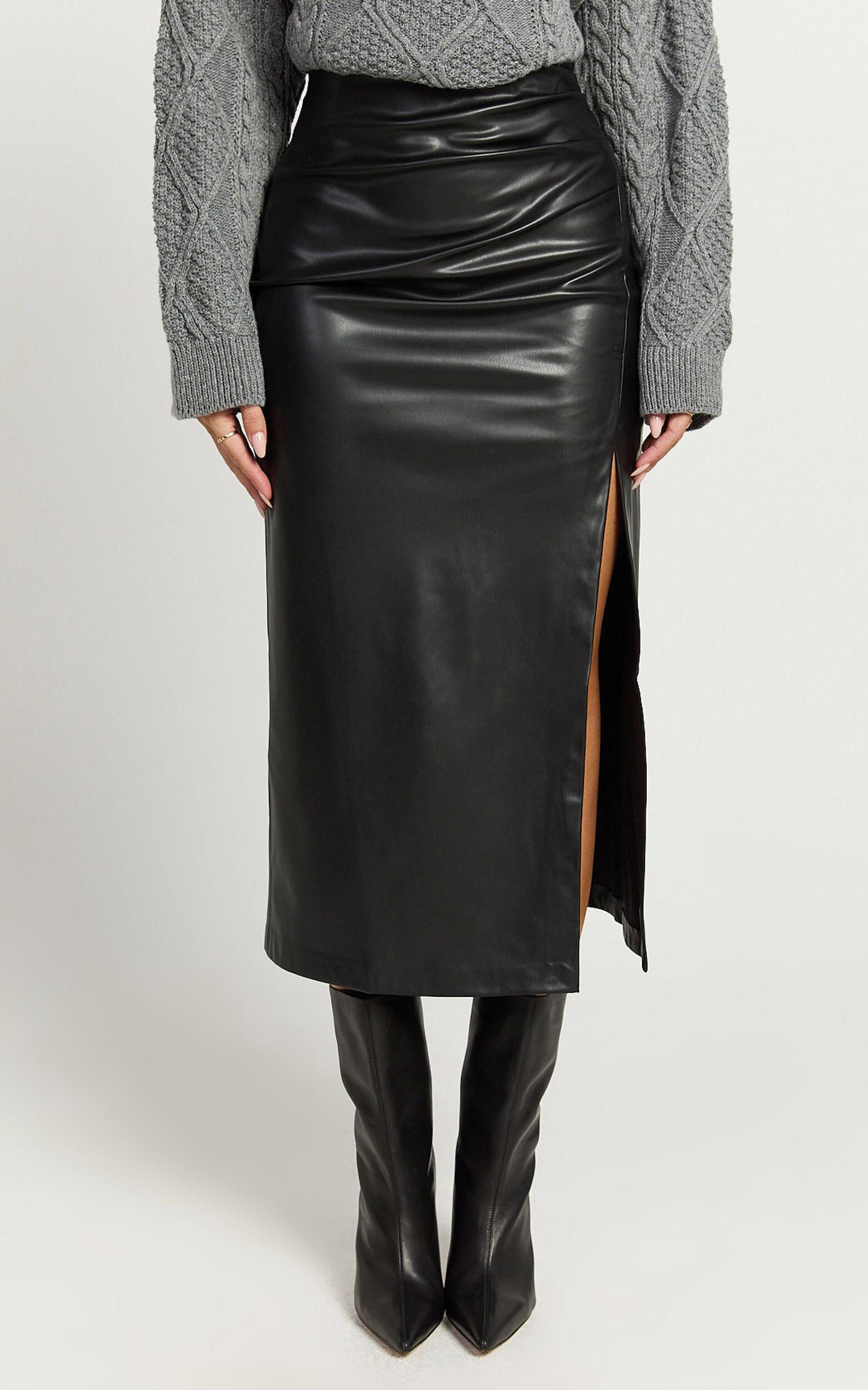 Chantel Midi Skirt - High Waist Ruched Faux Leather Skirt in Black Product Image