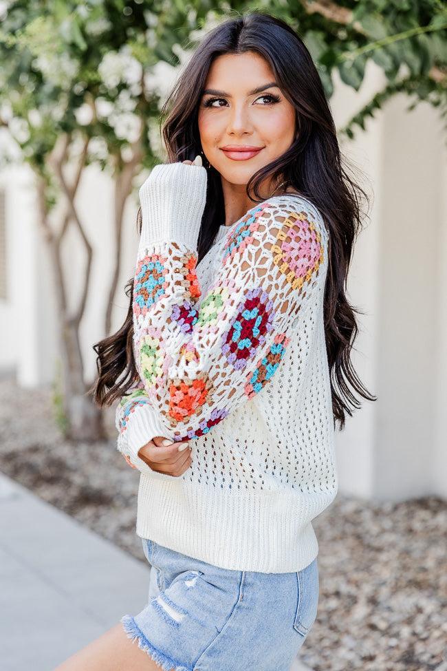 A Wonderful Life Ivory Multi Crochet Sleeve Sweater  FINAL SALE Product Image