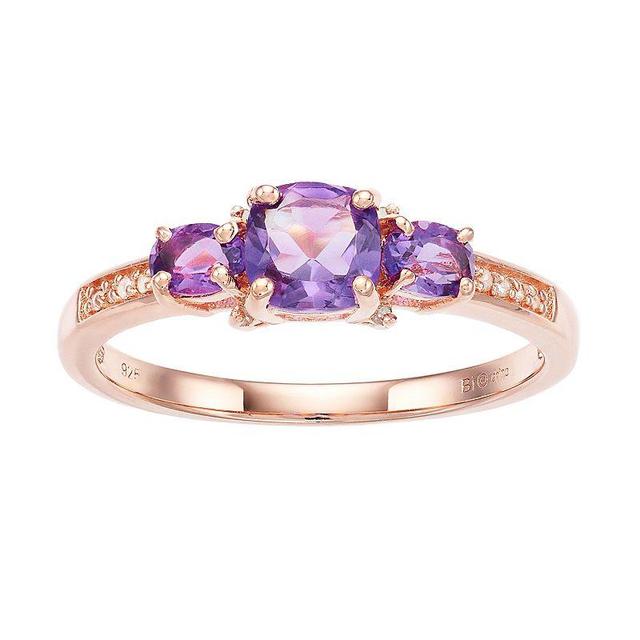 Gemminded 18k Rose Gold Over Silver 3-Stone Amethyst & Diamond Accent Ring, Womens Pink Tone Product Image