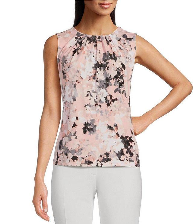 Calvin Klein Stretch Floral Printed Pleated Front Crew Neck Sleeveless Top Product Image