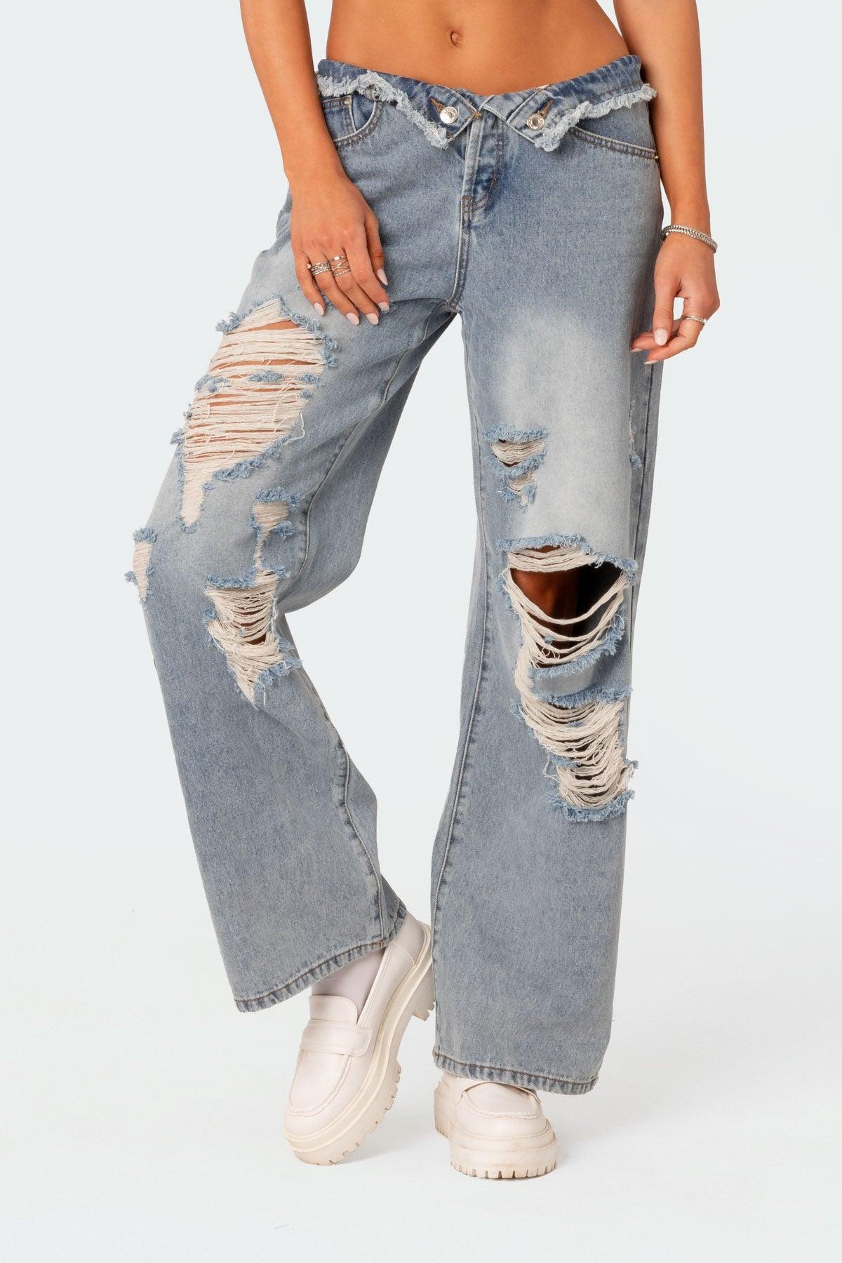 Distressed Fold Over Boyfriend Jeans Product Image