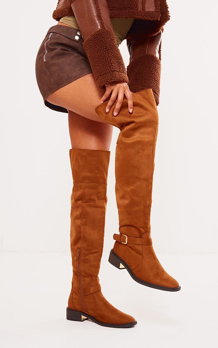 Tan Faux Suede Gold Buckle Over The Knee Boots product image