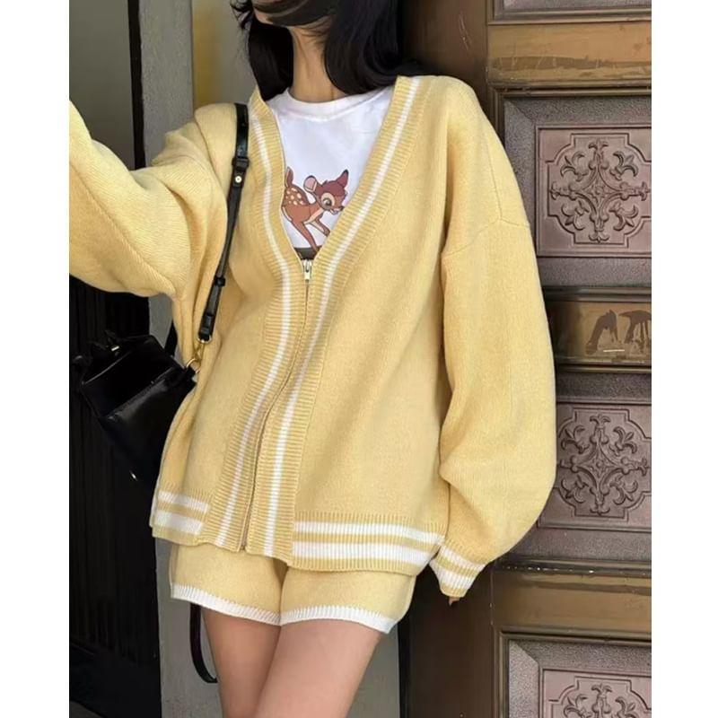 Set: V-Neck Contrast Trim Cardigan + High Waist Shorts Product Image