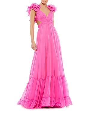 Rosette Chiffon Cutout Empire Waist Gown In Hot Pink Product Image