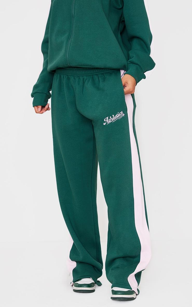 Dark Green Embroidered Athletics Contrast Panel Wide Leg Sweatpants Product Image