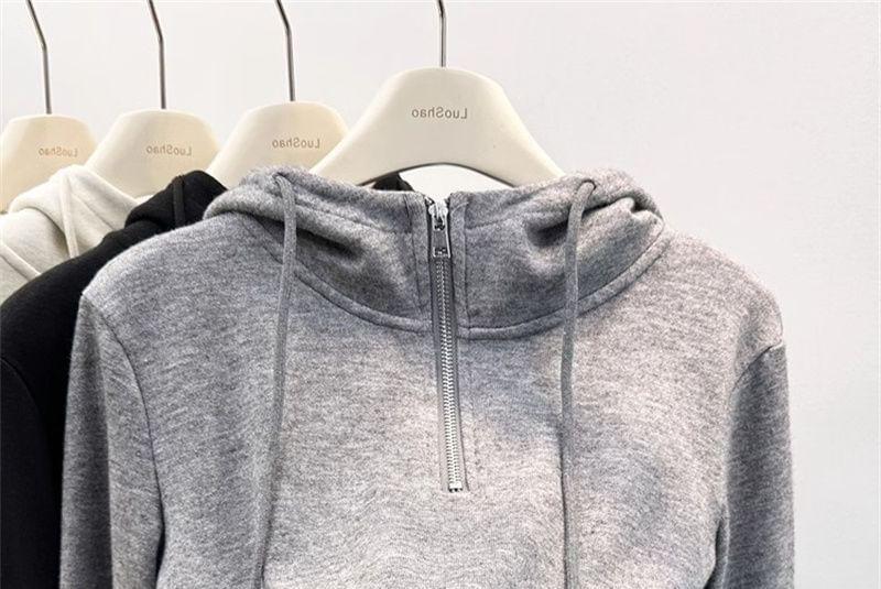 Plain Drawstring Half-Zip Hoodie Product Image