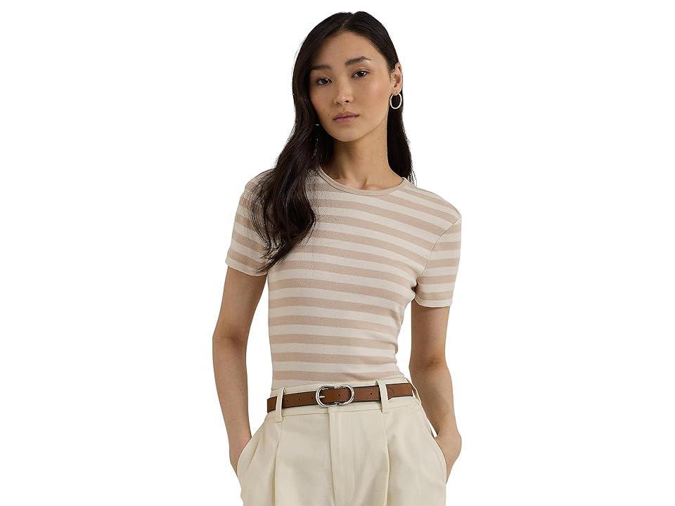 Lauren Ralph Lauren Striped Stretch Cotton Crewneck Tee (Explorer Sand/Mascarpone Cream) Women's Clothing Product Image