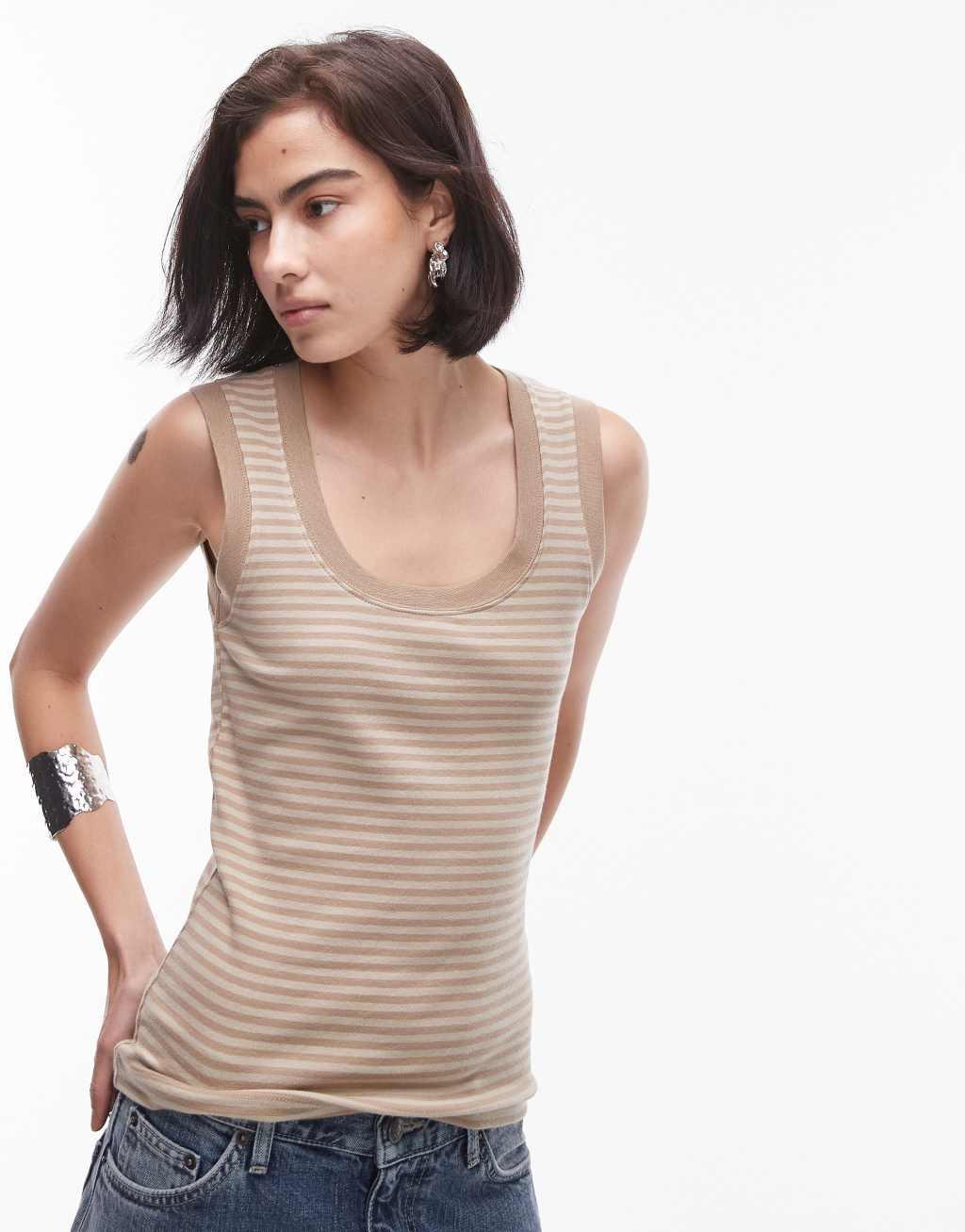 Topshop striped scoop neck tank top in stone Product Image