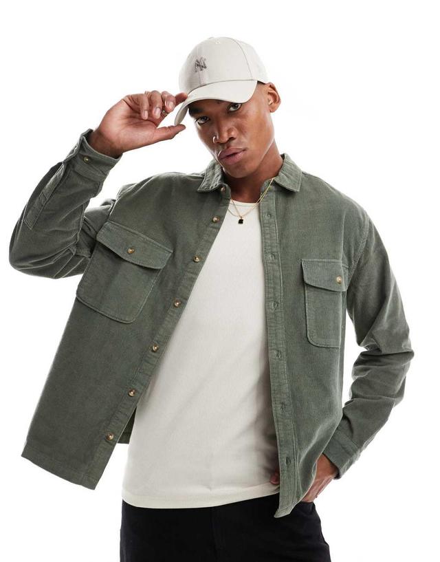 ASOS DESIGN cord overshirt in green Product Image