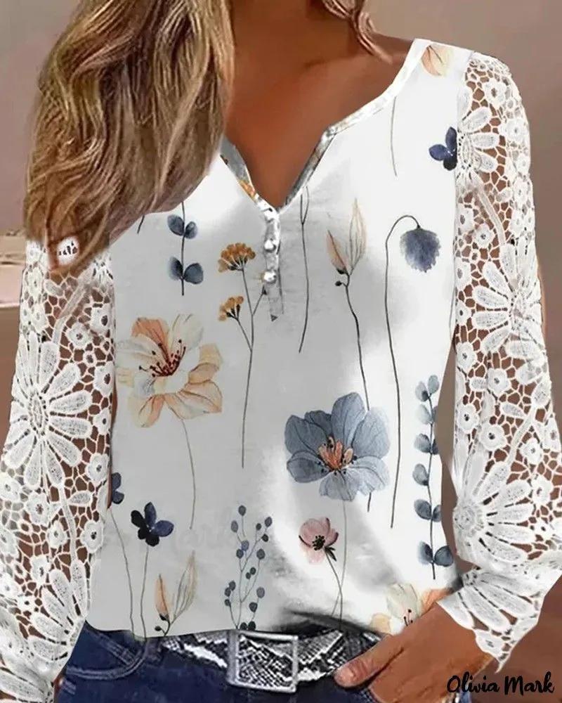 Olivia Mark – Floral Print Notch Neck Blouse with Lace Patches Product Image