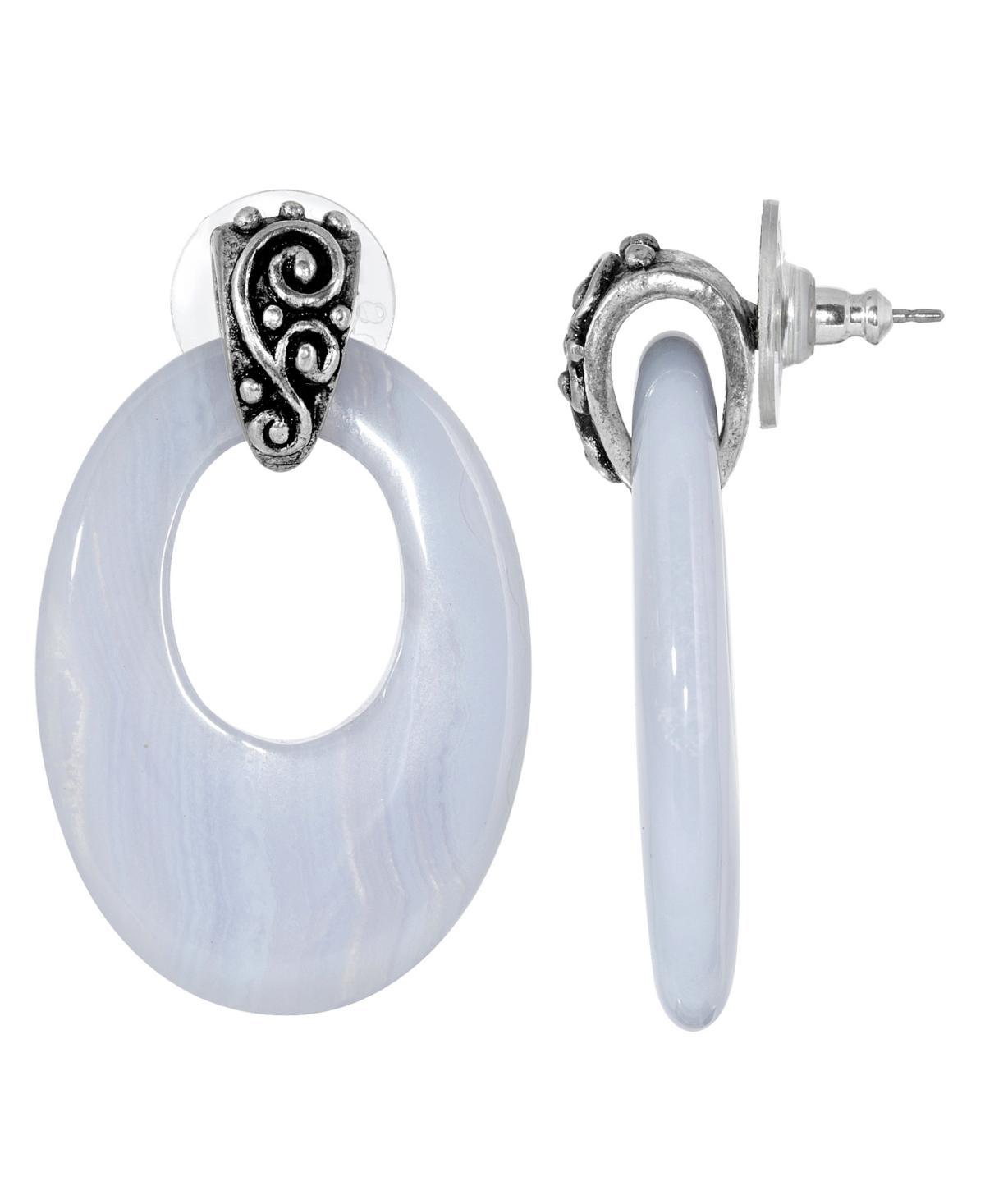 1928 Jewelry Pewter Oval Blue Lace Hoop Earrings Product Image