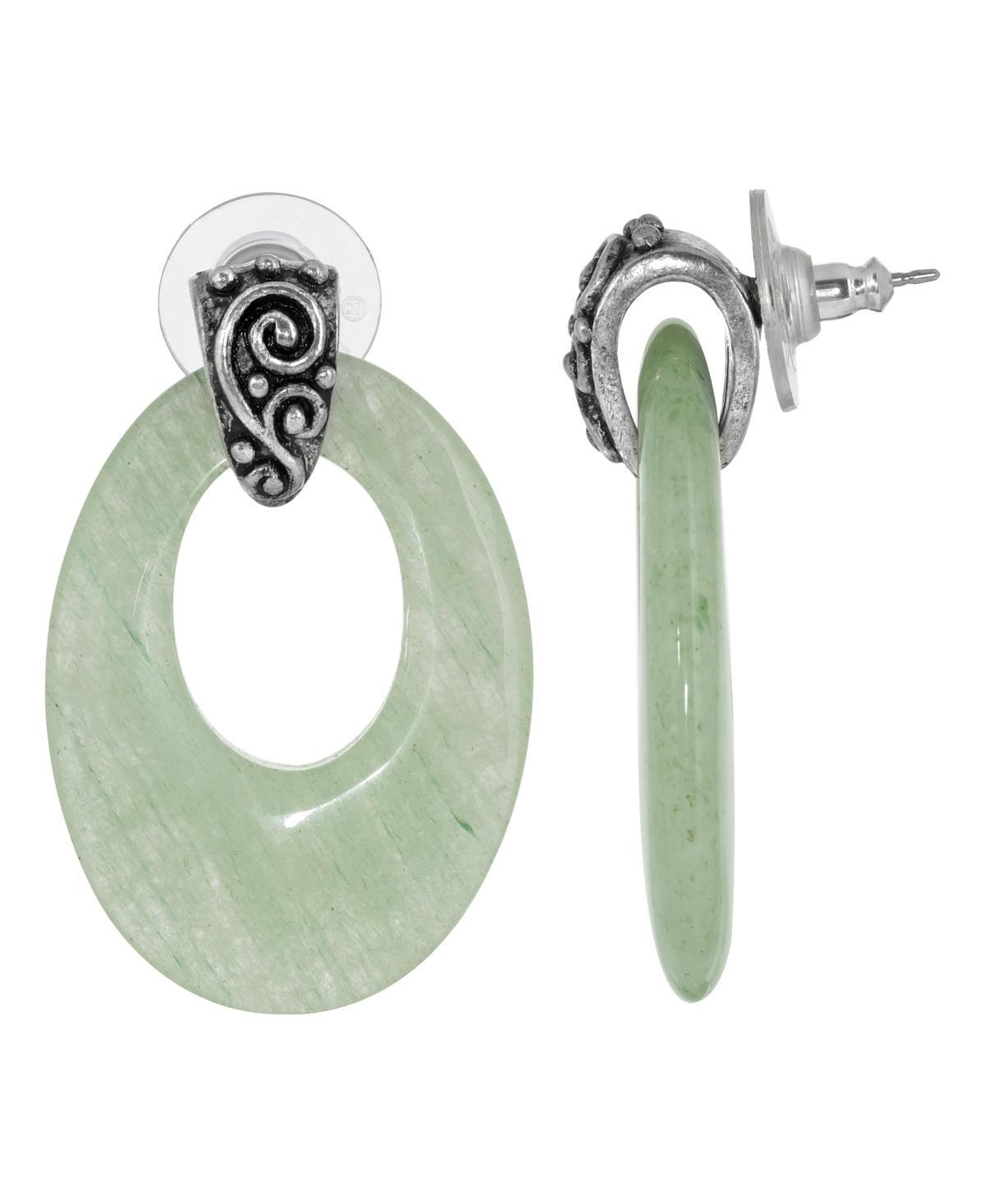 1928 Pewter Stone Oval Doorknocker Drop Earrings, Womens, Green Product Image