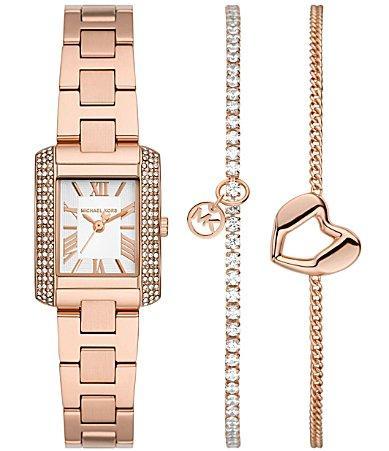 Michael Kors Womens Emery Three Hand Rose Gold Tone Stainless Steel Bracelet Watch Set Product Image