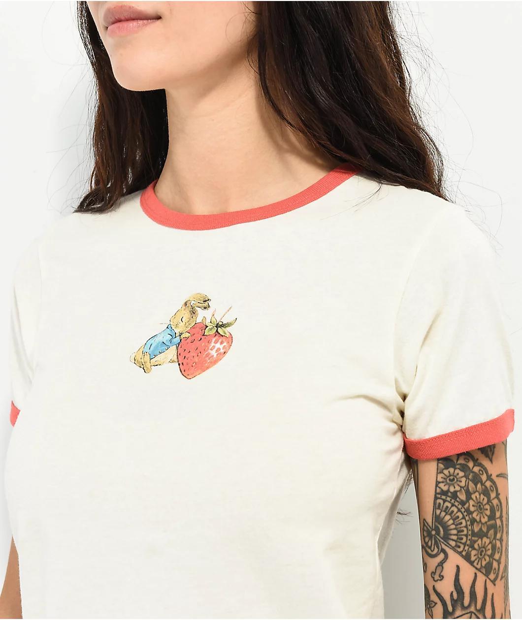 Peter Rabbit Love Strawberry Ringer White Crop T-Shirt Product Image