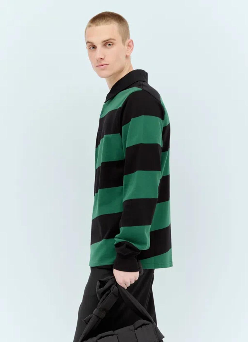 Long-sleeve Striped Cotton Polo Shirt In Black Product Image