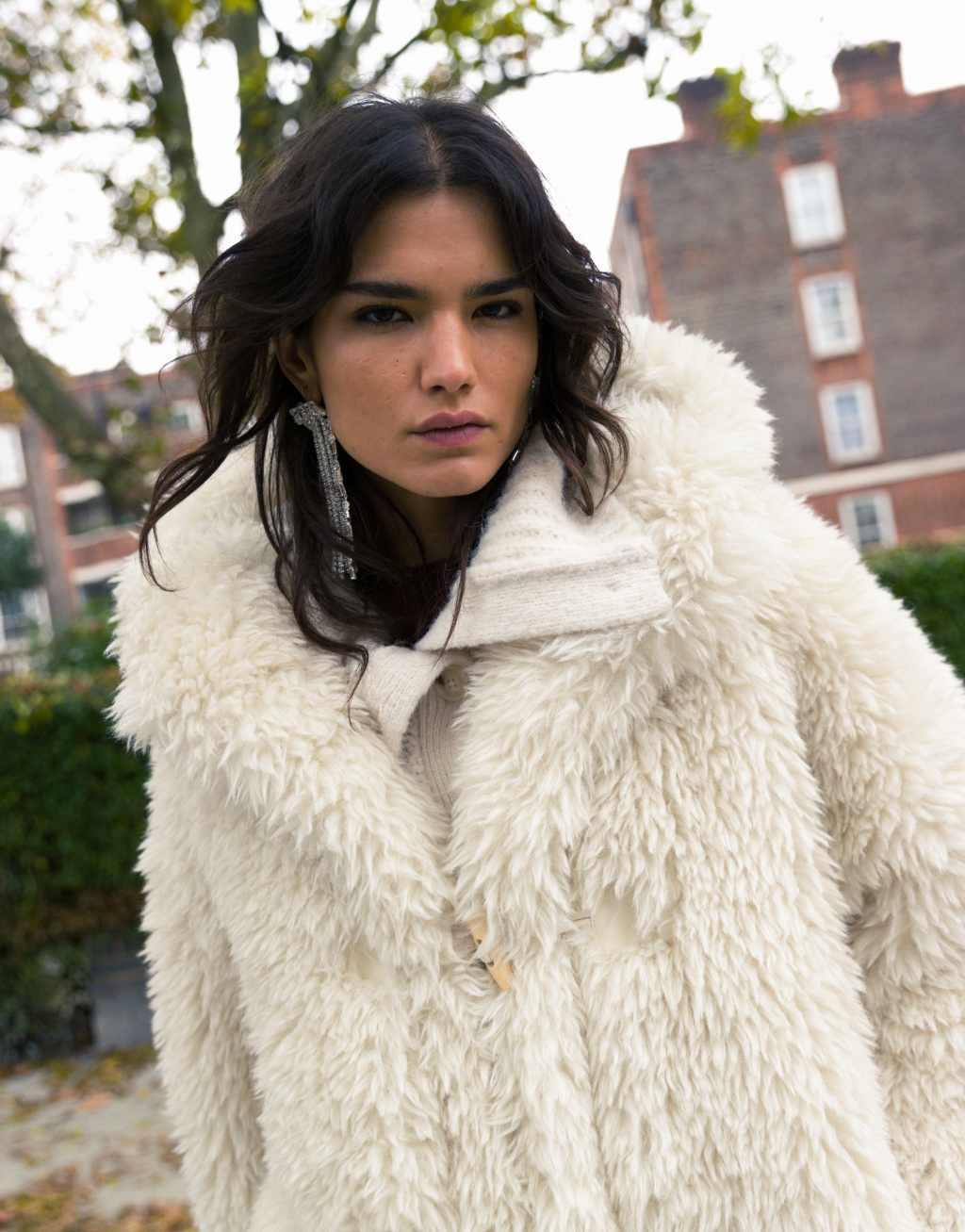 Topshop faux fur duffle hooded long coat in cream Product Image