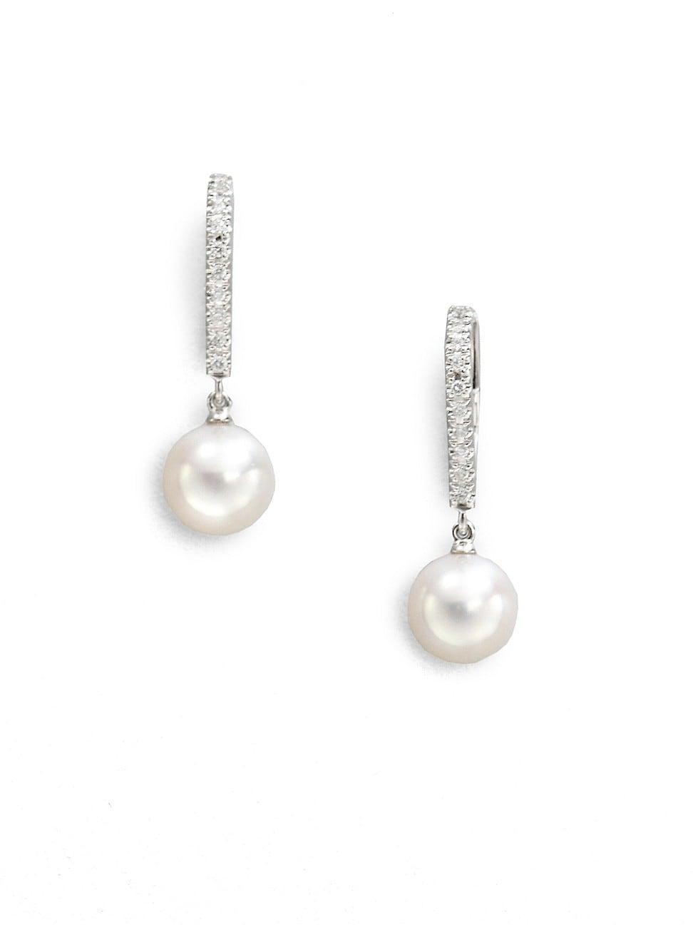 Womens 7.5MM White Cultured Akoya Pearl, Diamond & 18K White Gold Drop Earrings Product Image