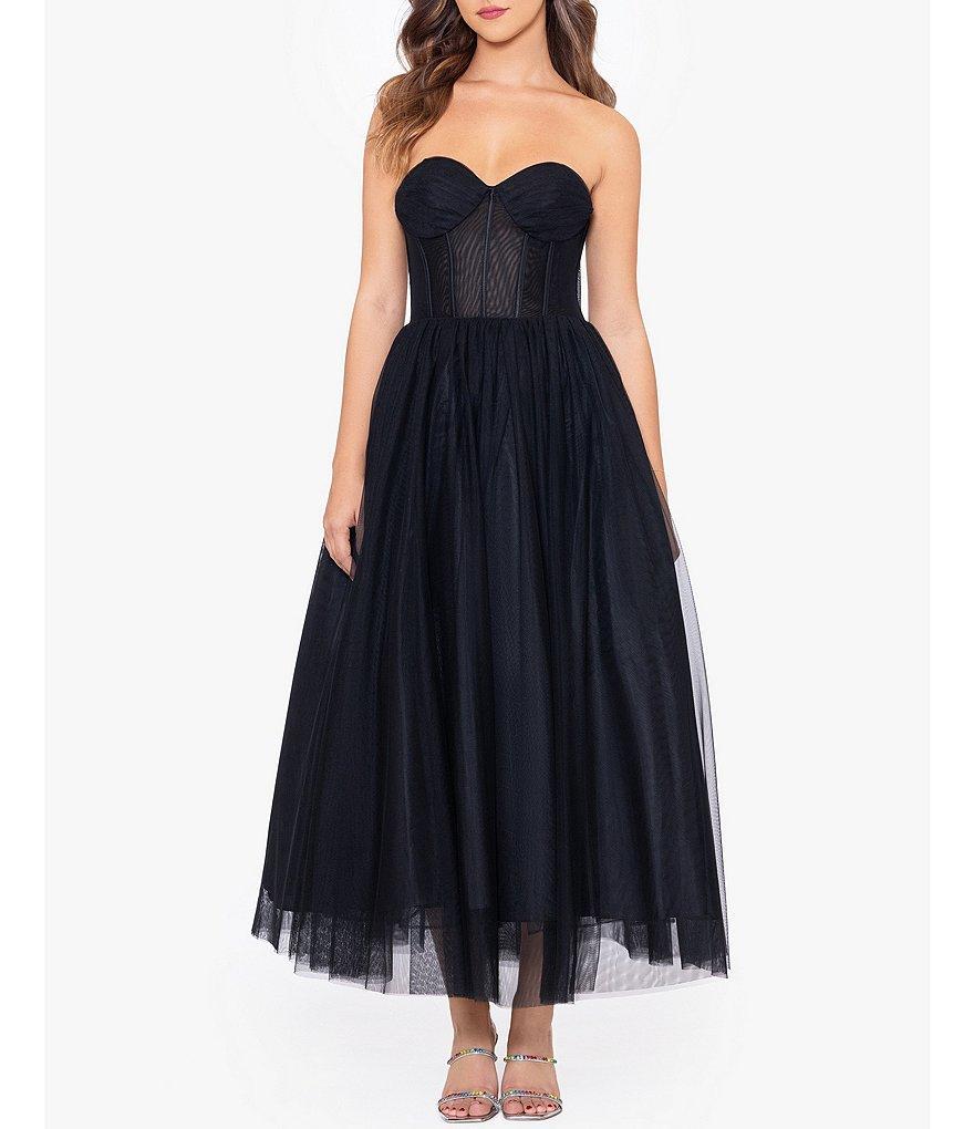 Betsy & Adam Mesh Strapless Neck Sleeveless Corset Tulle Midi Gown Product Image