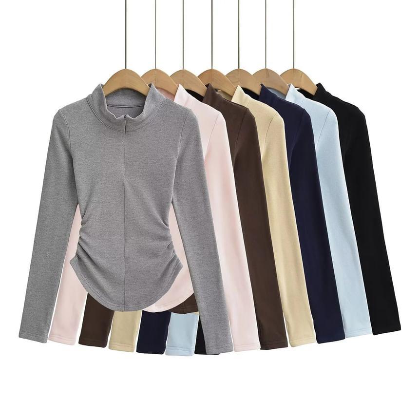 Long-Sleeve High Neck Plain Shirred T-Shirt Product Image