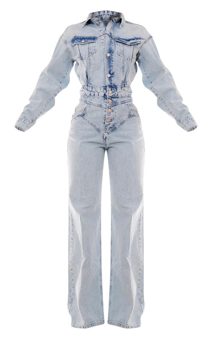 Light Blue Wash Seam Detail Button Up Denim Jumpsuit Product Image