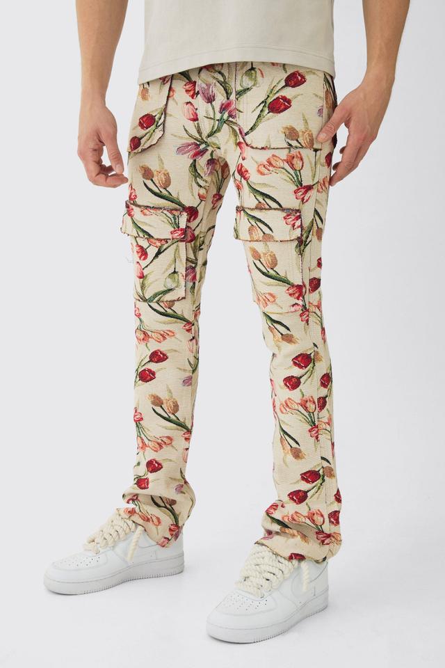 Fixed Waist Slim Flare Stacked Floral Tapestry Cargo Trouser | boohooMAN USA Product Image