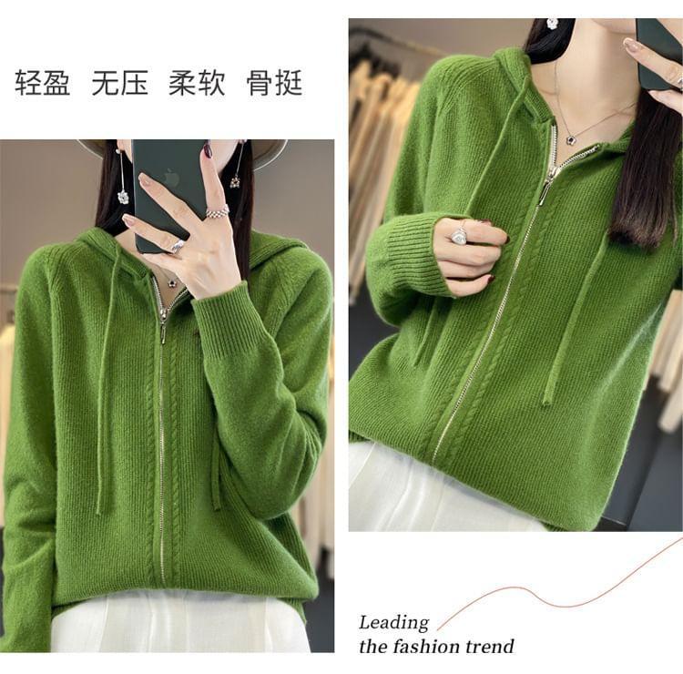 Drawstring Ribbed Hooded Zip Cardigan Product Image