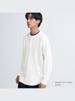 Mens Waffle Henley Neck T-Shirt Long-Sleeve Off White XS UNIQLO US Product Image