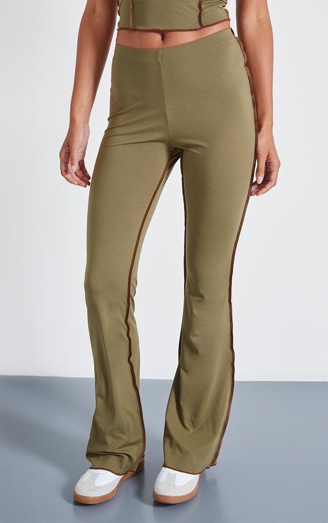 Olive Seam Detail Mid Rise Skinny Flared Trousers Product Image