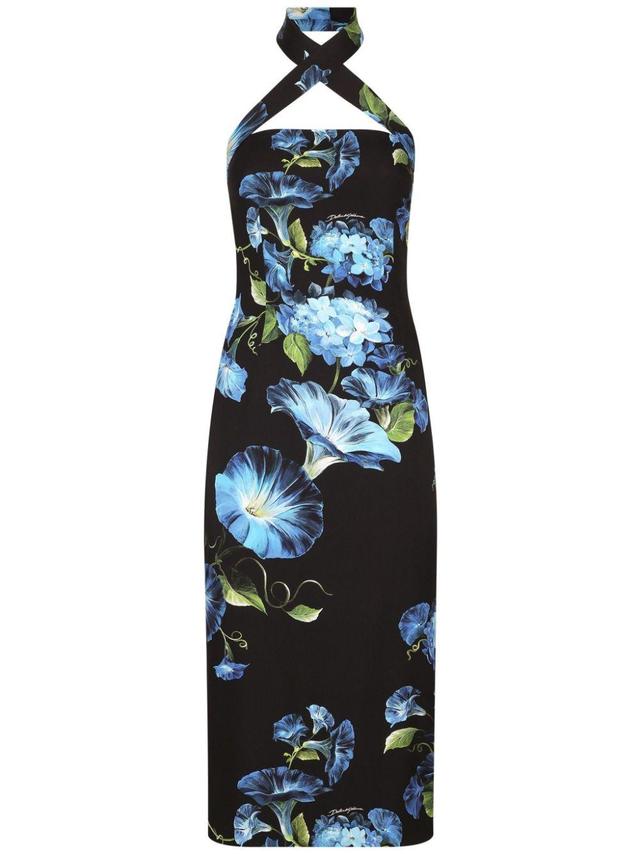 DOLCE & GABBANA Neckholder-kleid Mit Blumen-print In Schwarz Product Image