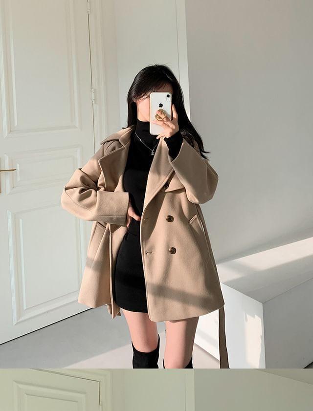 Long Sleeve Lapel Double-Breasted Belted Woolen Blend Coat Product Image