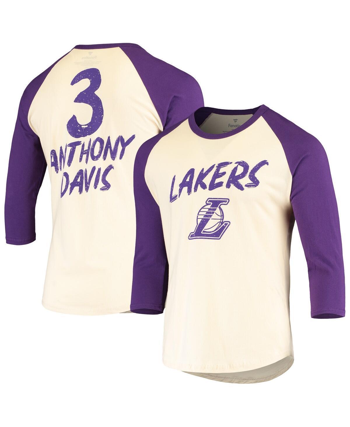 Mens Fanatics Branded Anthony Davis Cream/Purple Los Angeles Lakers Raglan 3/4 Sleeve T-Shirt Product Image